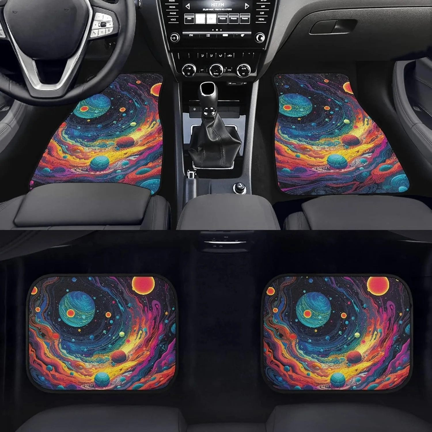 4pcs Car Front & Rear Floor Mats, Psychedelic Space Planet Printed Anti Dirty Auto Floor Pad Universal Automotive Decorative, Ca