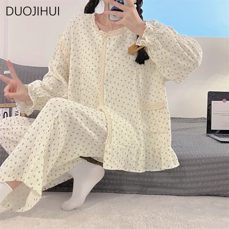DUOJIHUI Autumn Two Piece Chic Floral Print Pajamas for Women New O-neck Cardigan Simple Casual Pant Fashion Female Pajamas Set