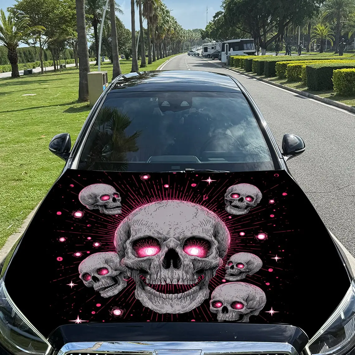 

Неоново-розовый череп, автомобильная виниловая пленка, материал ПВХ, водонепроницаемая наклейка на капот автомобиля, самоклеящиеся устойчивые к царапинам наклейки для Eng