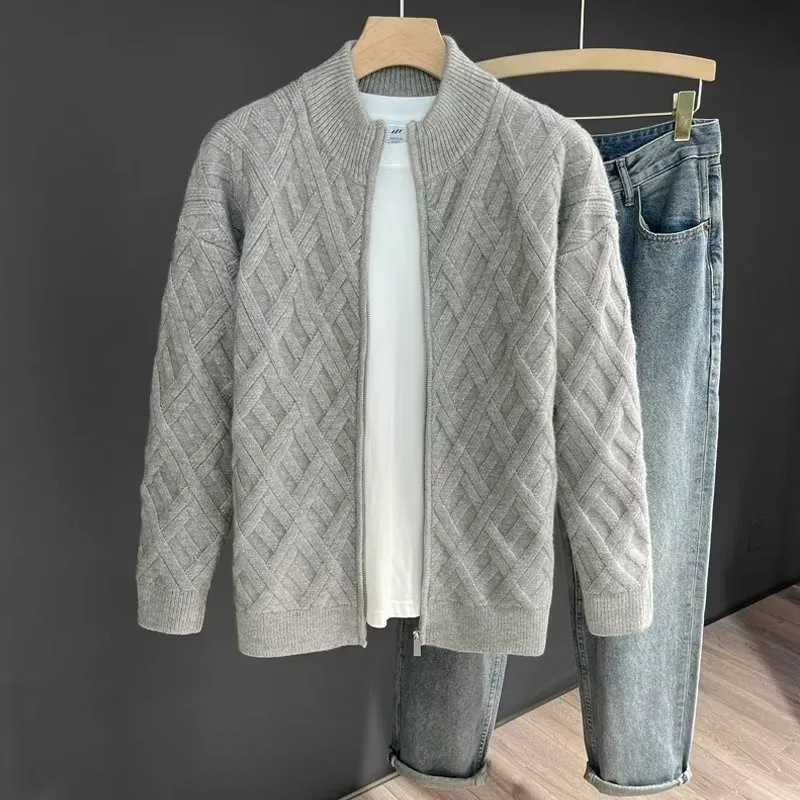 Stand up collar cardigan zipper knitted jacket for men's spring and autumn 2026 new style high-end diamond grid sweater jacket