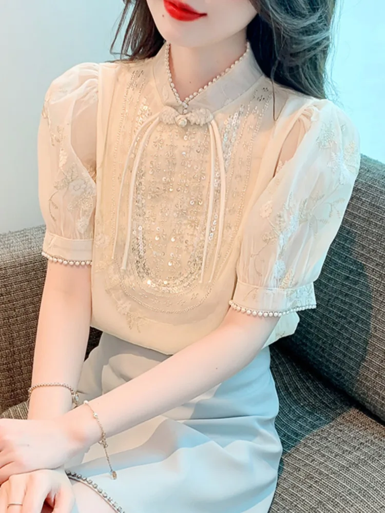 #3342 Summer Beige Vintage Chiffon Blouse Women Puff Sleeve Chinese Style Cheongsam Chiffon Blouse Femme Sequined Sexy Rero Thin