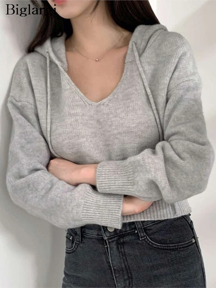 

Вязаный осенний пуловер с капюшоном, женский свитер в корейском стиле, свободные женские укороченные свитера, модный повседневный женский свитер