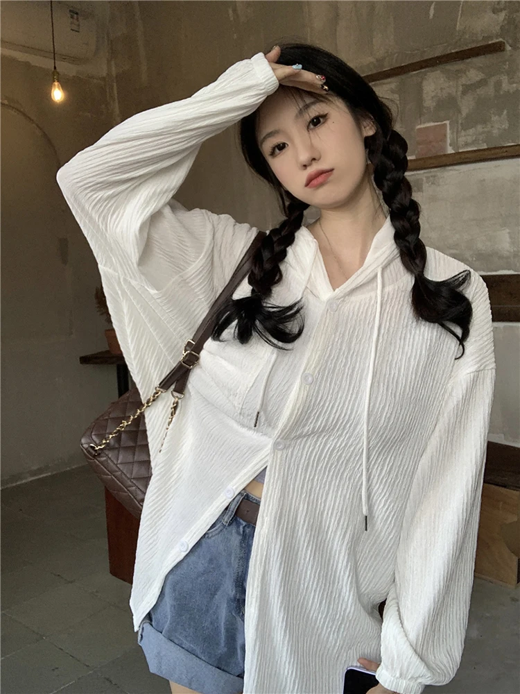 Korean White Long Sleeve Sun Protection Clothing Summer New Large Sized Single Breasted Hooded Thin Jackets Loose Female Tops