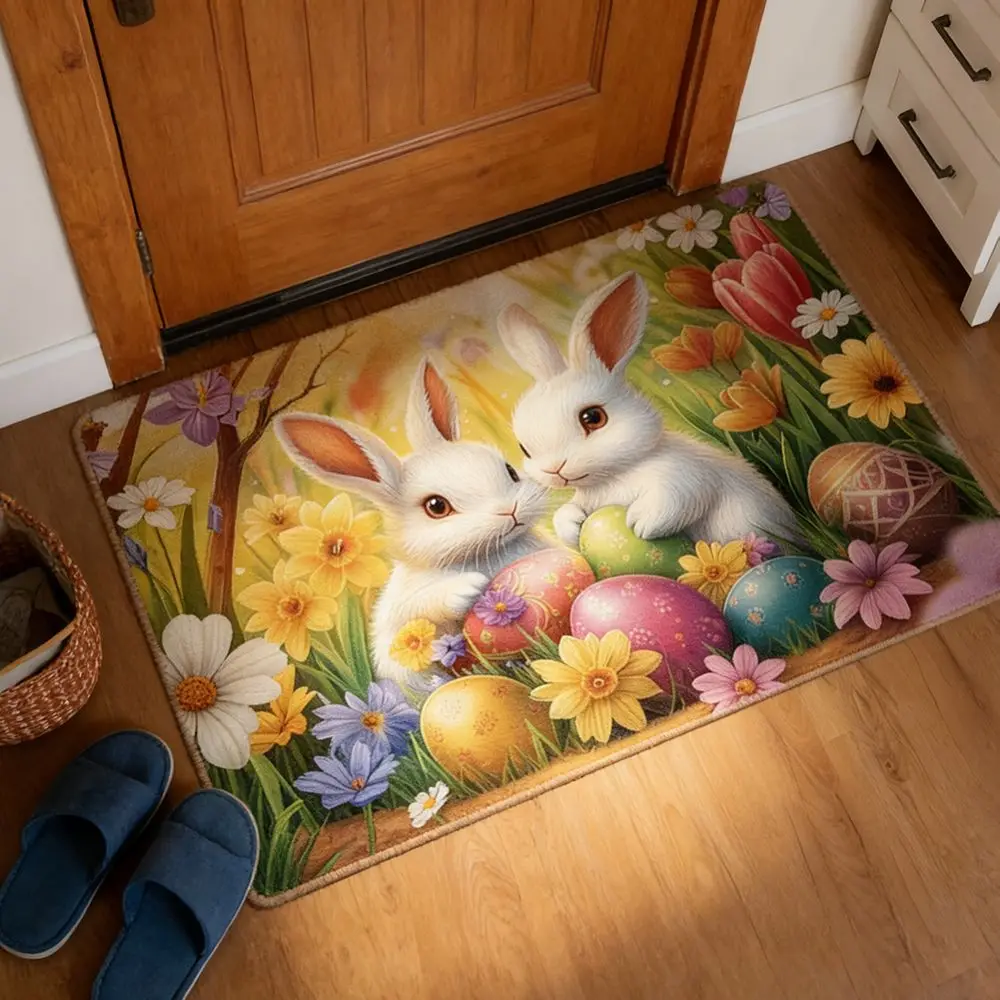 Alfombra de puerta con diseño de conejito de Pascua, resistente al desgaste, de secado rápido, con diseño de huevo, flor y conejo, antideslizante, práctica, para áreas húmedas