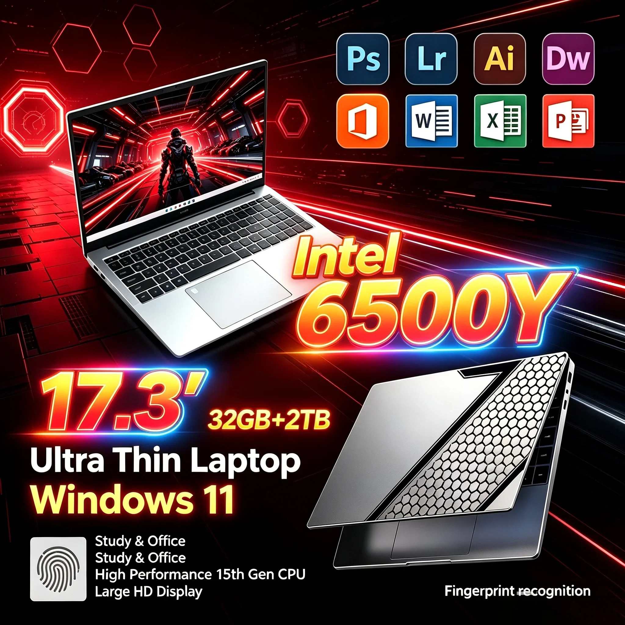 New Intel 6500Y 17.3'' Inch Laptop 32GB RAM 1TB 2TB SSD Win11 Backlit Keyboard WiFi6 BT5.2 Portable Notebook For Office Home