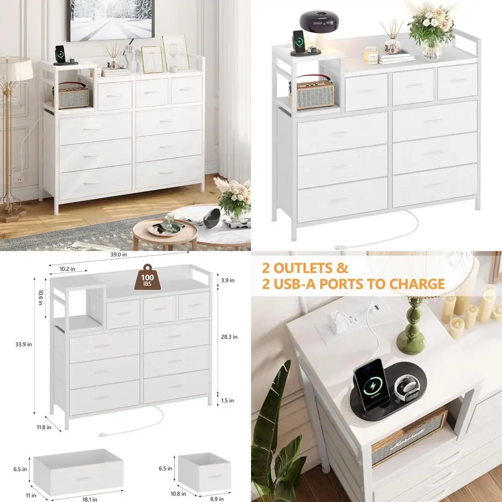 

Charging Station TV Stand with 9 Drawers, White Bedroom Dresser for Living Room Entertainment Center