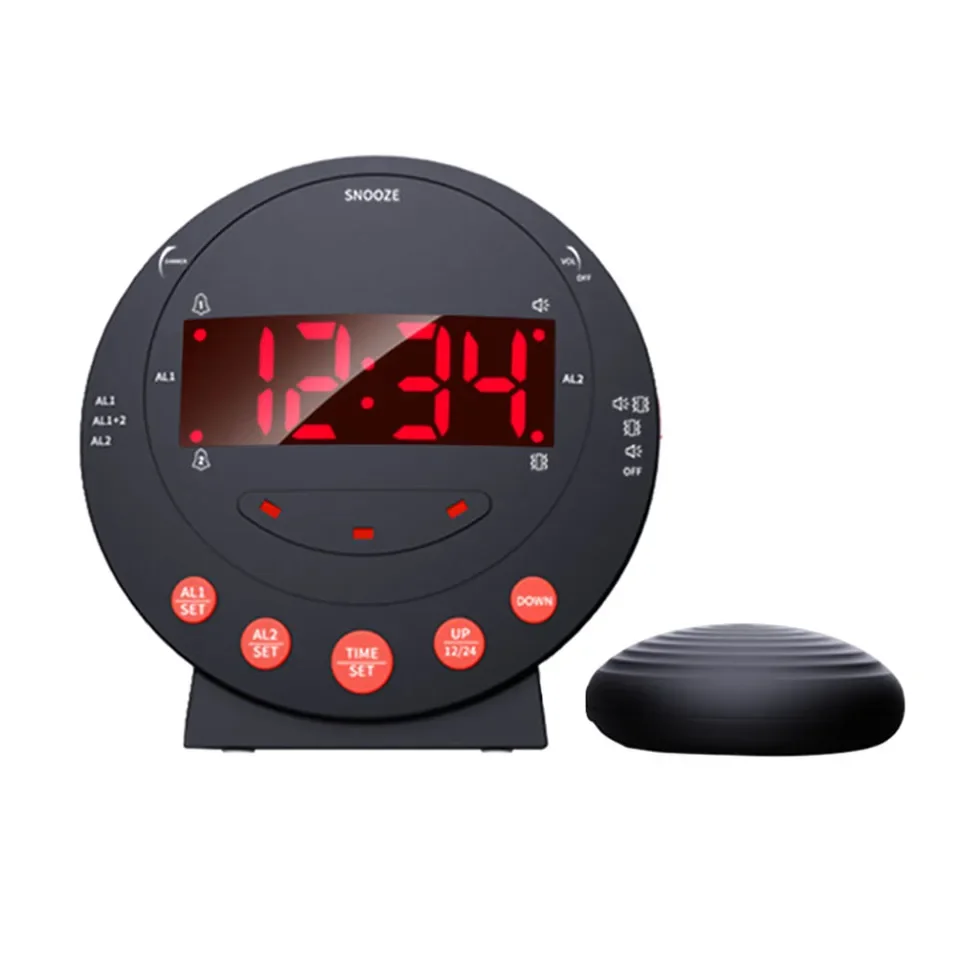 Digital Silent Loud Alarm Clock with Bed Shaker Vibrating Flashing Light Adjustable Brightness Snooze Dual Alarm Setting USB