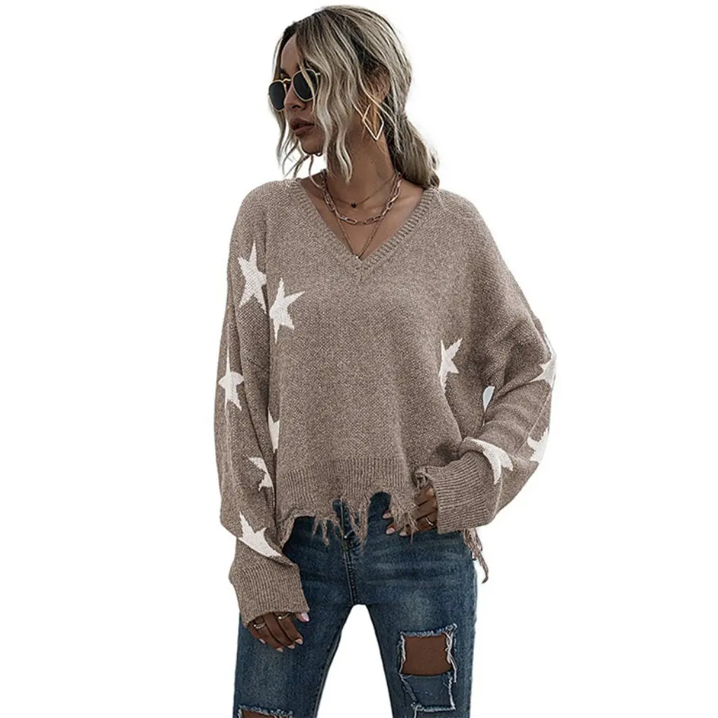

New Autumn Top for Women V Neck Pullover Long-Sleeved Knitwear Star Print Fashion Middle Eastern Style Export