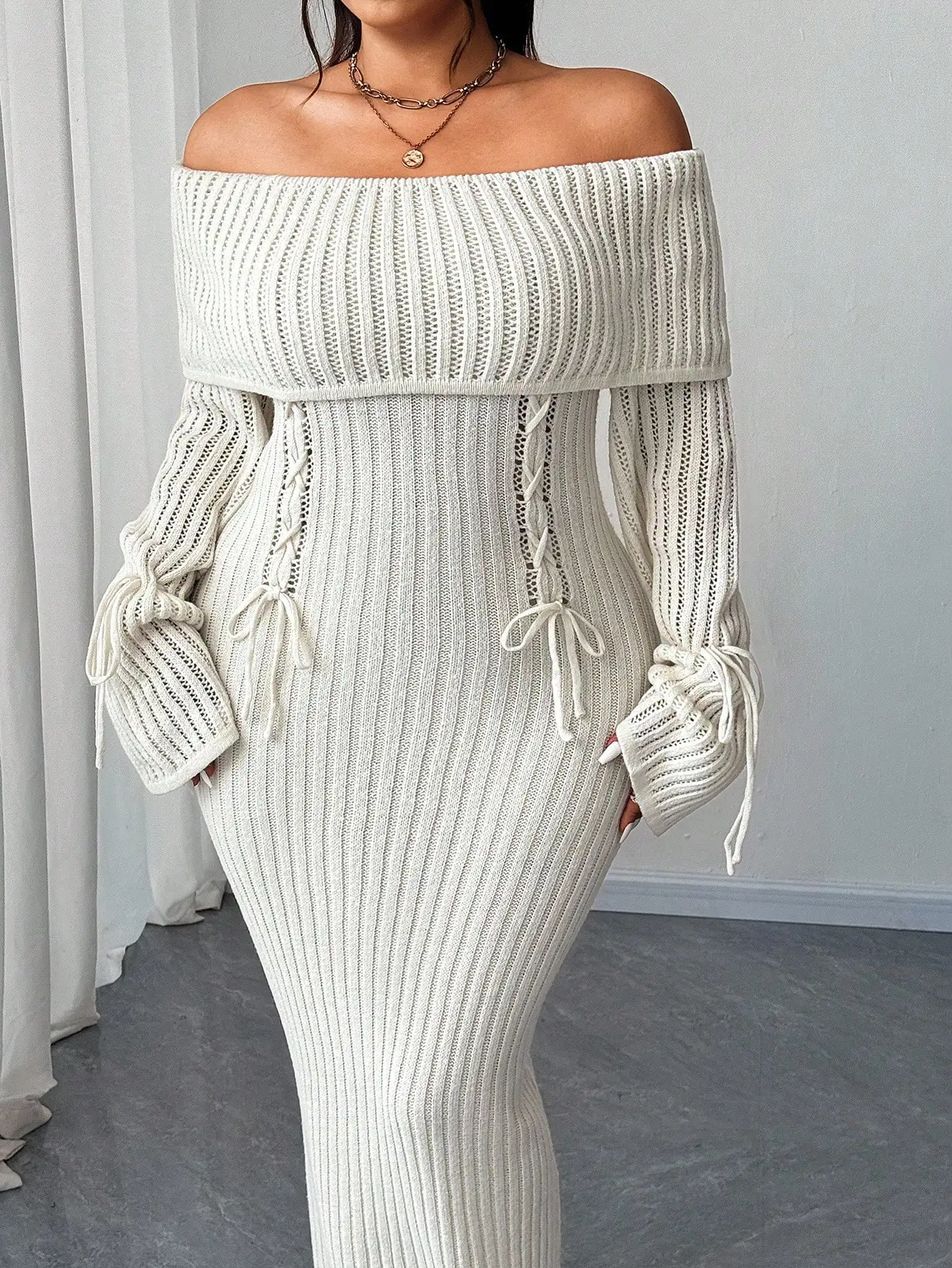 

Off Shoulder Knit Dress with Side Tie-Up Sleeves, Plus Size Solid Color Long Bodycon Dress