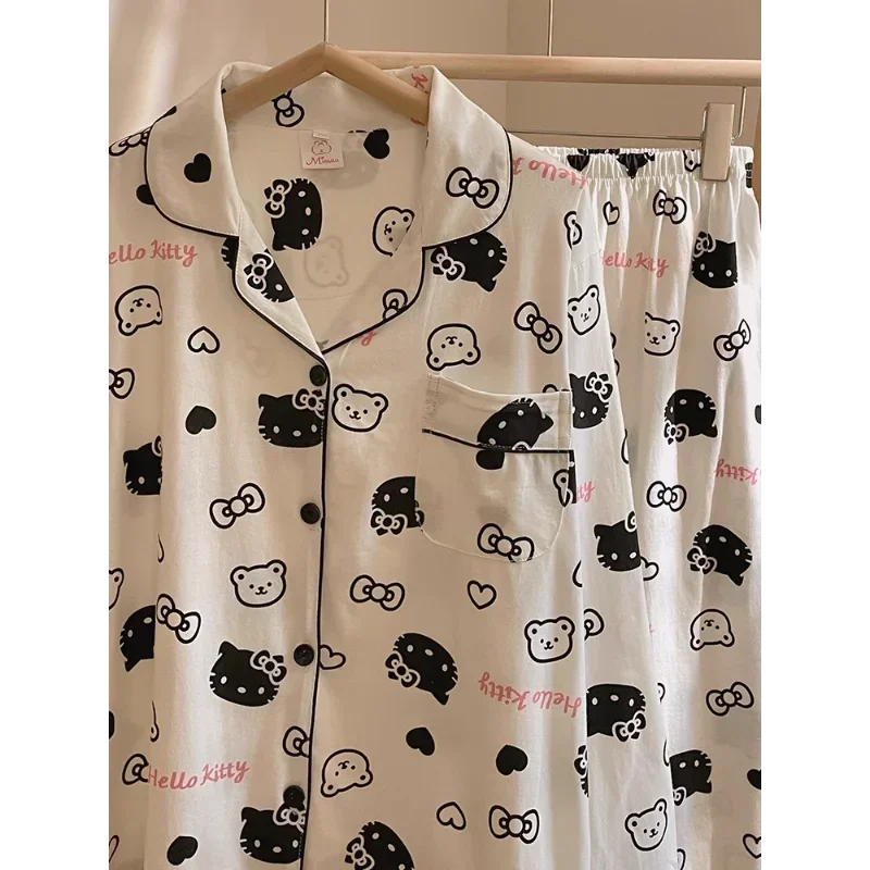 Sanrio pajamas Hello Kitty spring andautumn cotton long-sleeved trousers two-piece set cartoon comfortable home women\'s clothing