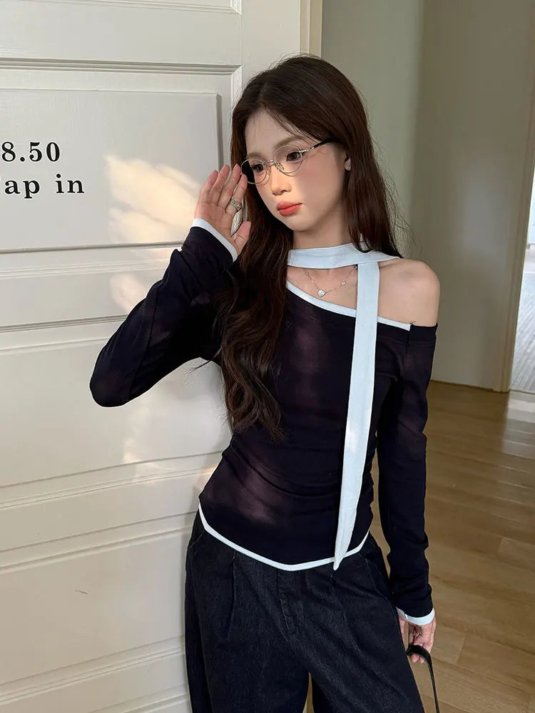 سليم صالح طويل Sve تي شيرت المرأة الخريف جديد Sle فتاة حار تصميم تحسس اللون كوليون حزام Ne Uneven Top Ins