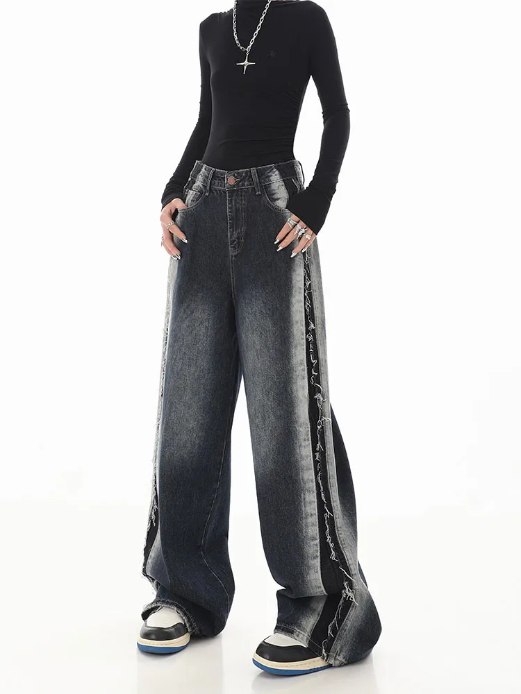 

New Denim Wide Leg Pants Blue High Waist Fashion Full Length Jeans Thin Casual Trousers Raw Edge Korean Retro 2023 Autumn Winter