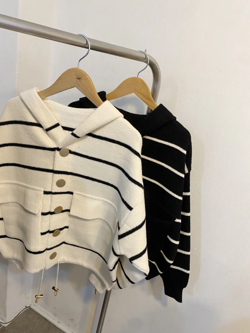 Loose Women's Knitted Cardigan Coat with Big Pockets Striped Splicing Drawstring Hem Single Buttoned Open Front Sweater