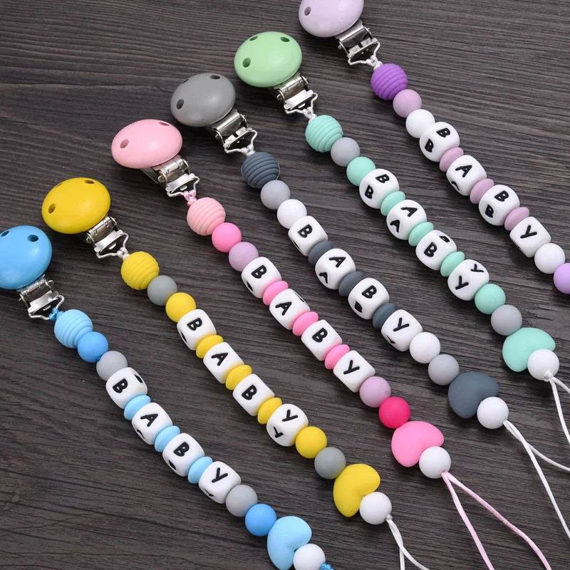 Baby Pacifier Chain Clips Silicone Teether Wood Beads Infant Nipple Appease Clips Dummy Holder Nipple Clip Personalized Name