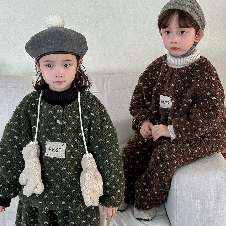 Girls Suits 2024 Children Winter Lamb Wool and Fleece Hoodie Boys Girls Baby Thick Bloomers Two-piece Set Korean Simple Style