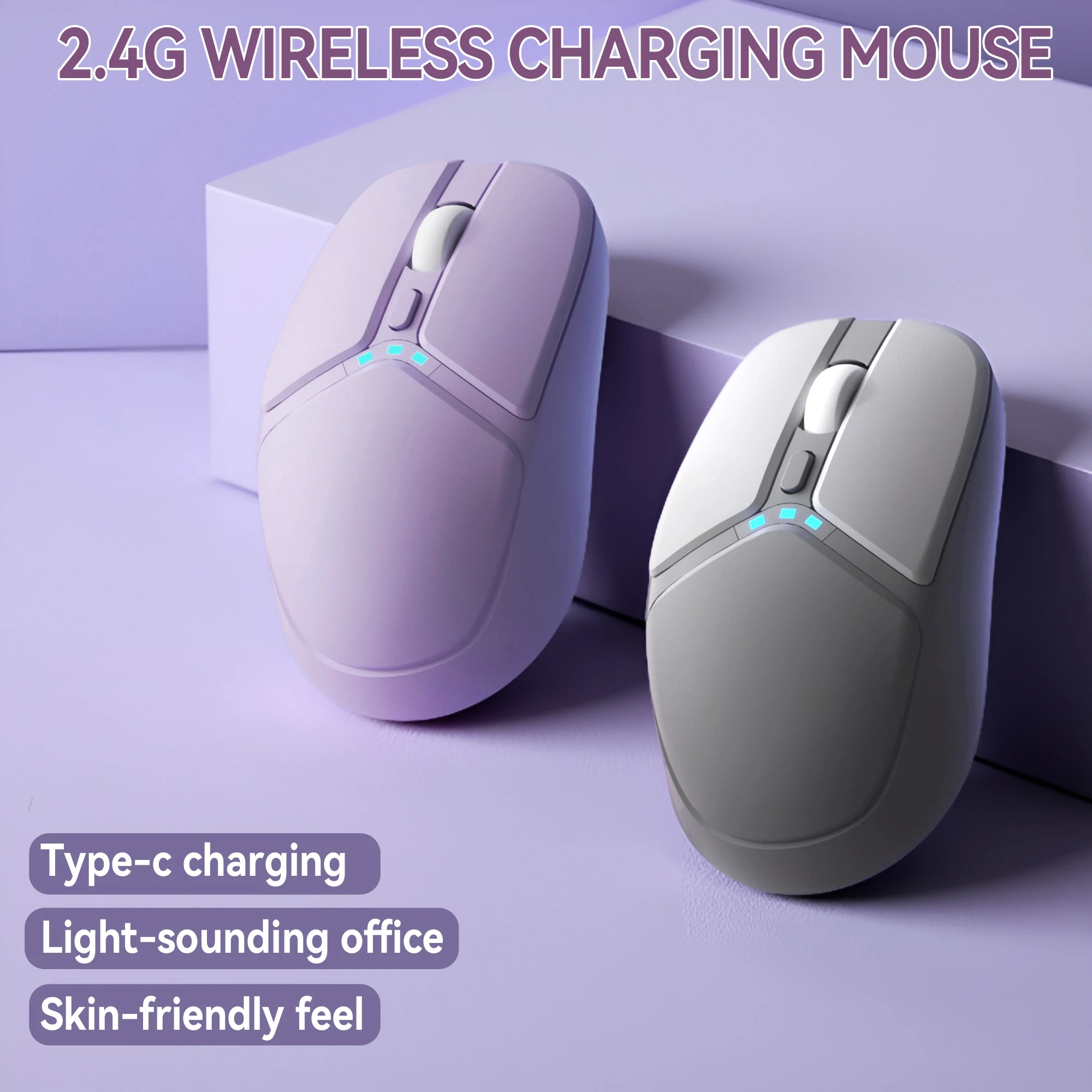

Small Silent Laptop Mouse, Purple Wireless Mouse with Power Display, 2.4G Rechargeable Type-C, Suitable for Office Typing