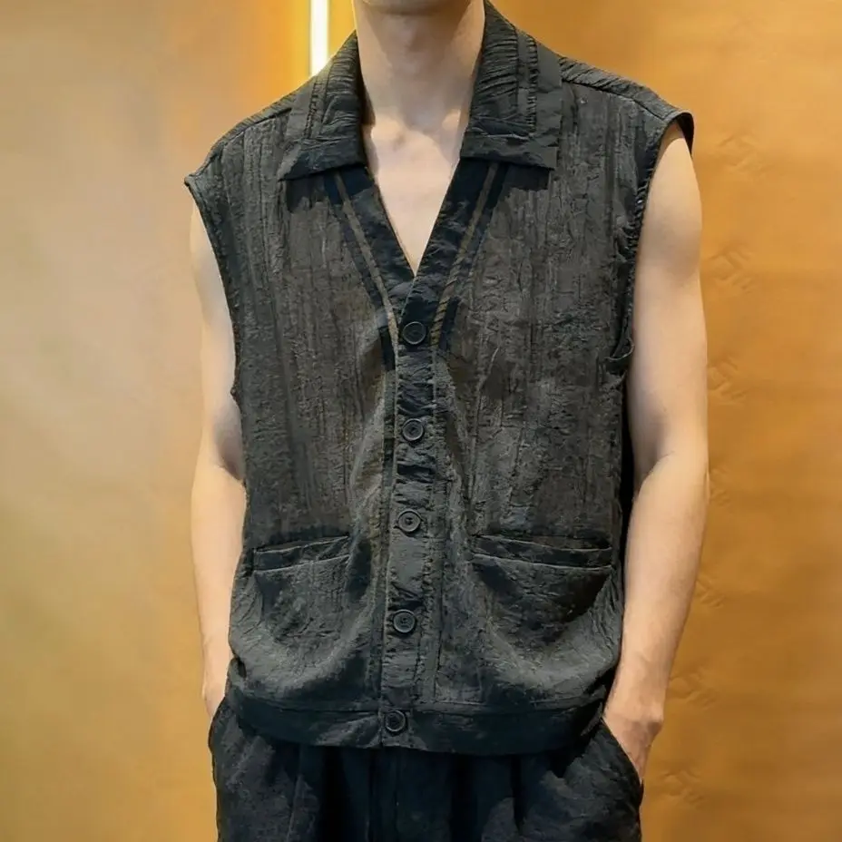 Men's Sleeveless Vest with Turn Down Collar Button Front Solid Color Casual Summer Top