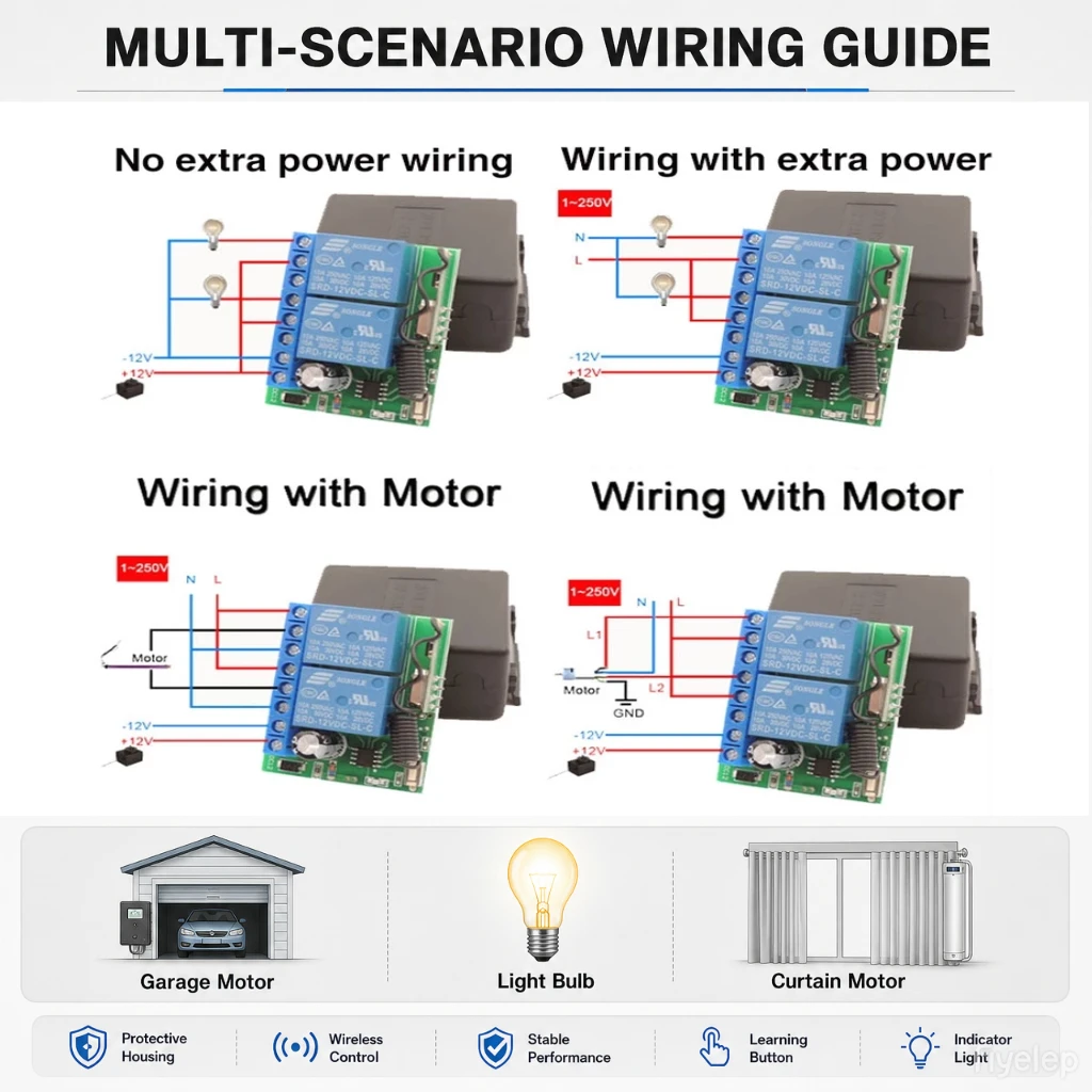 Universal RF433MHz Wireless 2-channel remote control switch DC12V 2200W Relay Receiver for MOTOR Garage Door Opener Controller