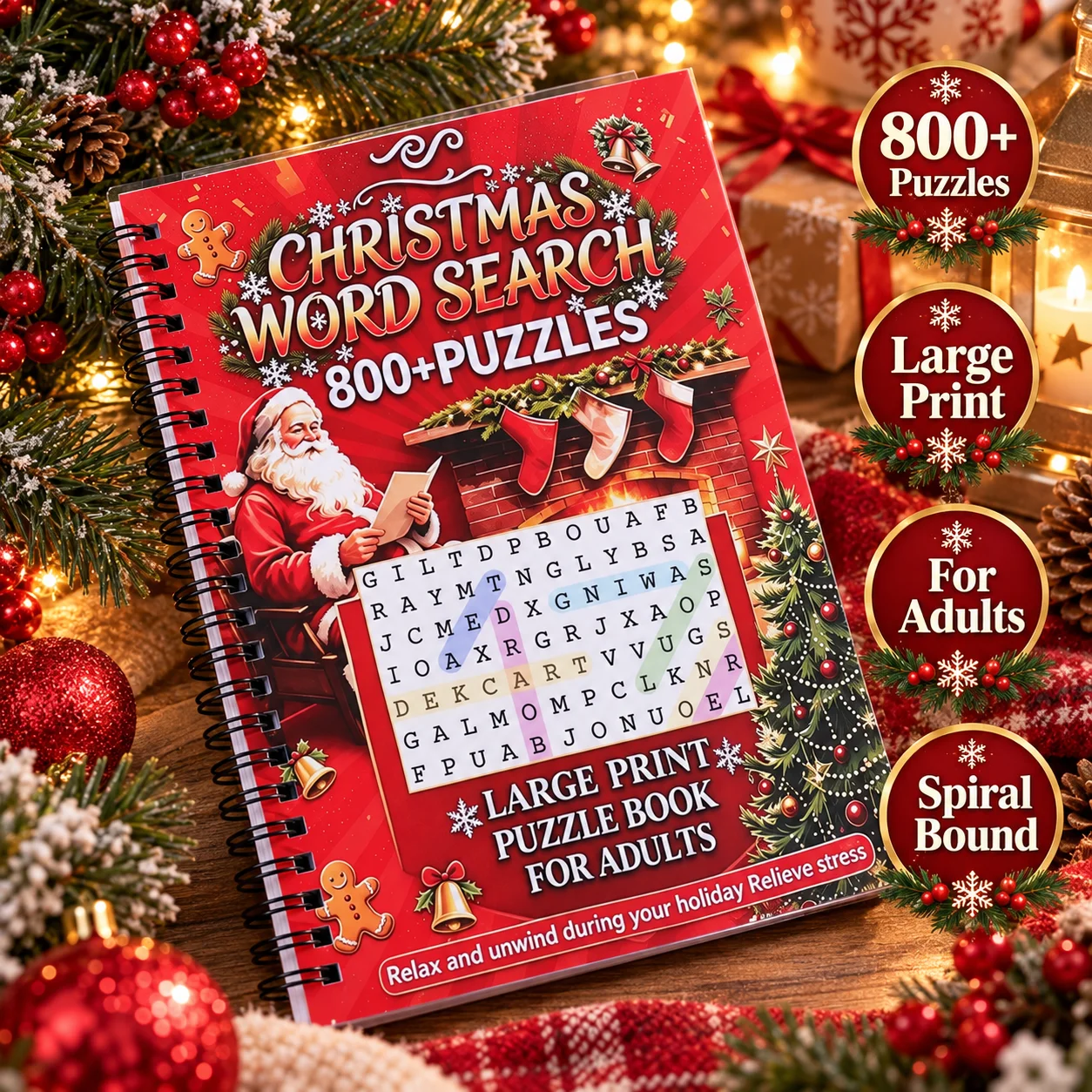 Christmas Word Search Puzzle Book, 800+ Large Print Puzzles Spiral Bound For Adults Holiday Stress Relief Activity Xmas Gift