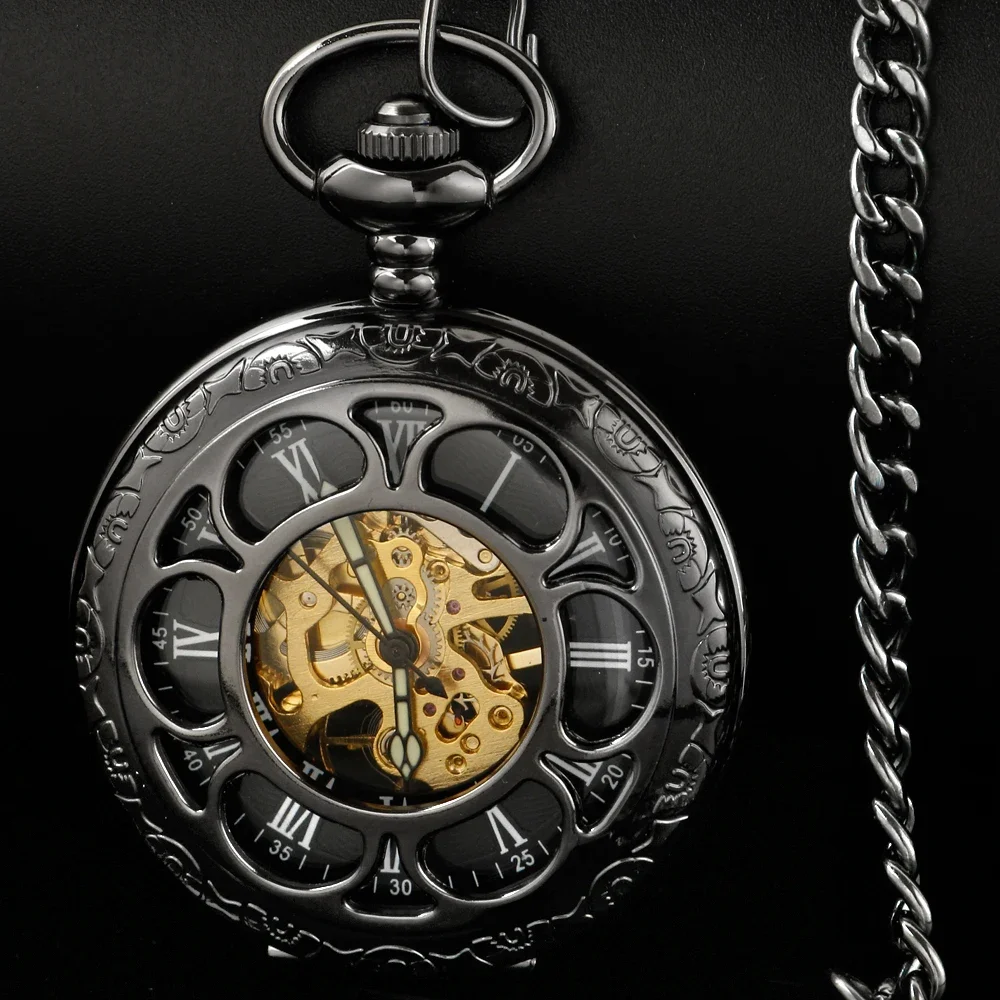 

Black retro luminous pointer design Mechanical Hand Wind Pocket Watch With Chain Steampunk Roman numerals Pocket Fob Watch