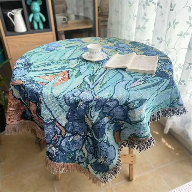 

Vintage oil painting Van Gogh table cloth iris sofa cover casual line blanket bedside blanket decorative cover cloth