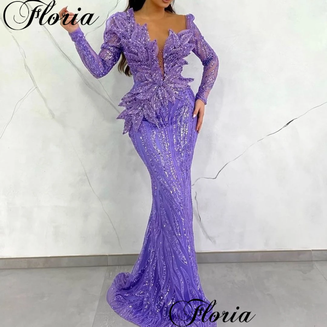 Special Purple Beaded Prom Dresses Mermaid Elegant Celebrity Dresses Long Sleeves Cocktail Party Dresses Vestidos De Noche