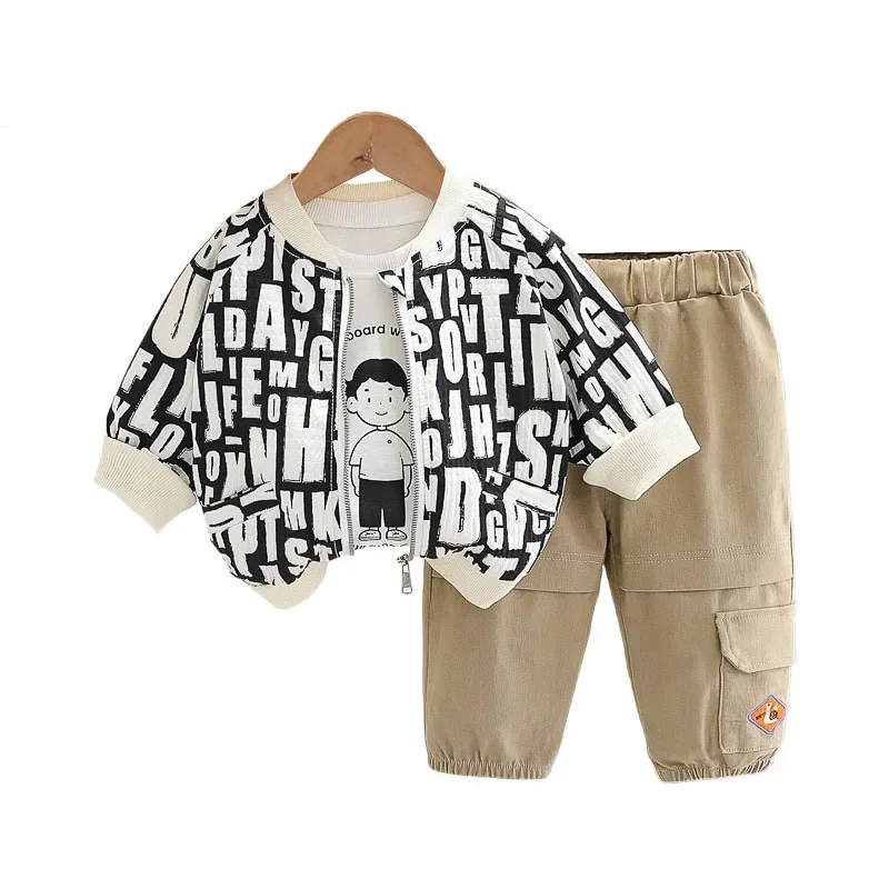 

Baby Boy Fall Clothes 2024 Korean Letter Printed Zipper Cardigan Coats T-shirts Pants 3 Piece Boys Outfit Set Childrens Clothing