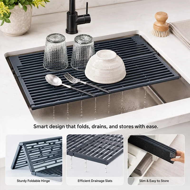 Black Foldable Kitchen Sink Drainer Countertop Drain Basket Splash-proof Dish Drying Rack Space Saving Bar Organizer