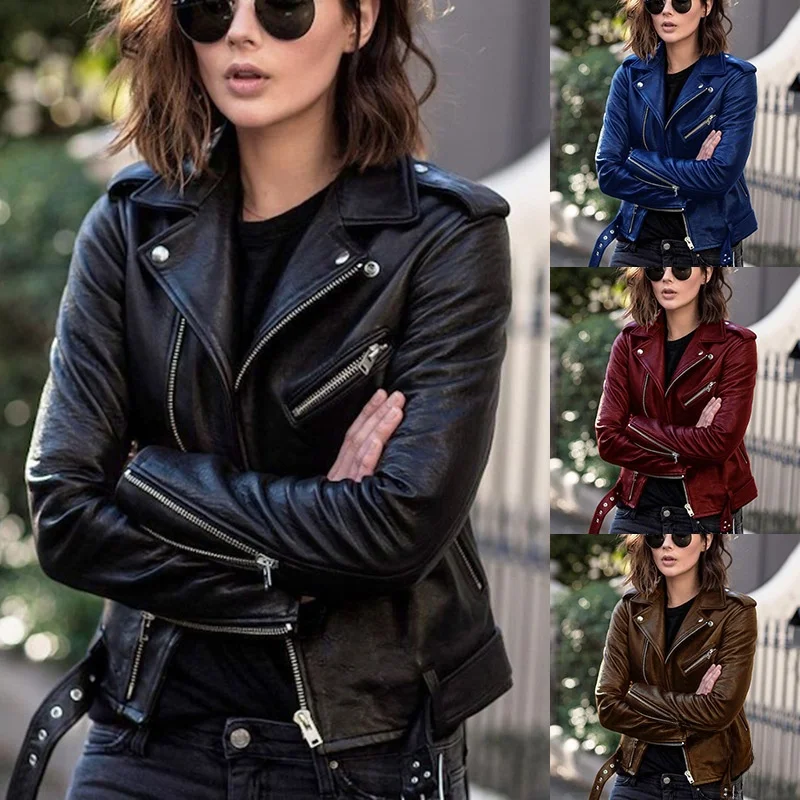 Slim Fit Motorcycle Leather Jaet Women's Spring Autumn ort Coat Sli Casual Thiened Artificial Leather Coat