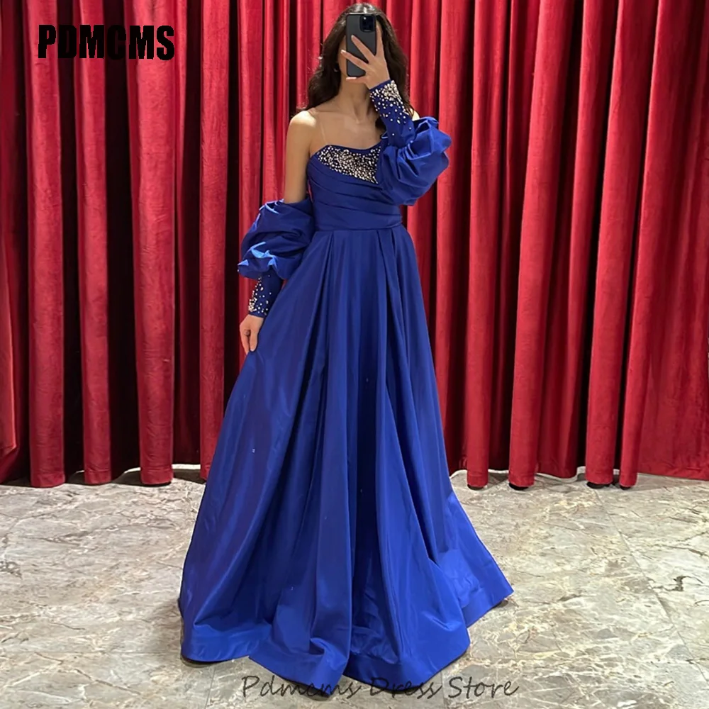 

SSYTENS Royal Blue Strapless Detachable Puff Sleeves Evening Dresses A Line Satin Beaded Prom Dress For Women Formal Party Gowns