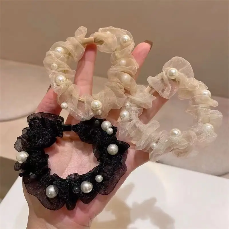 Organza nailed pearl hair tie Korean version of hair accessories with high stretch girls tied hair accessories