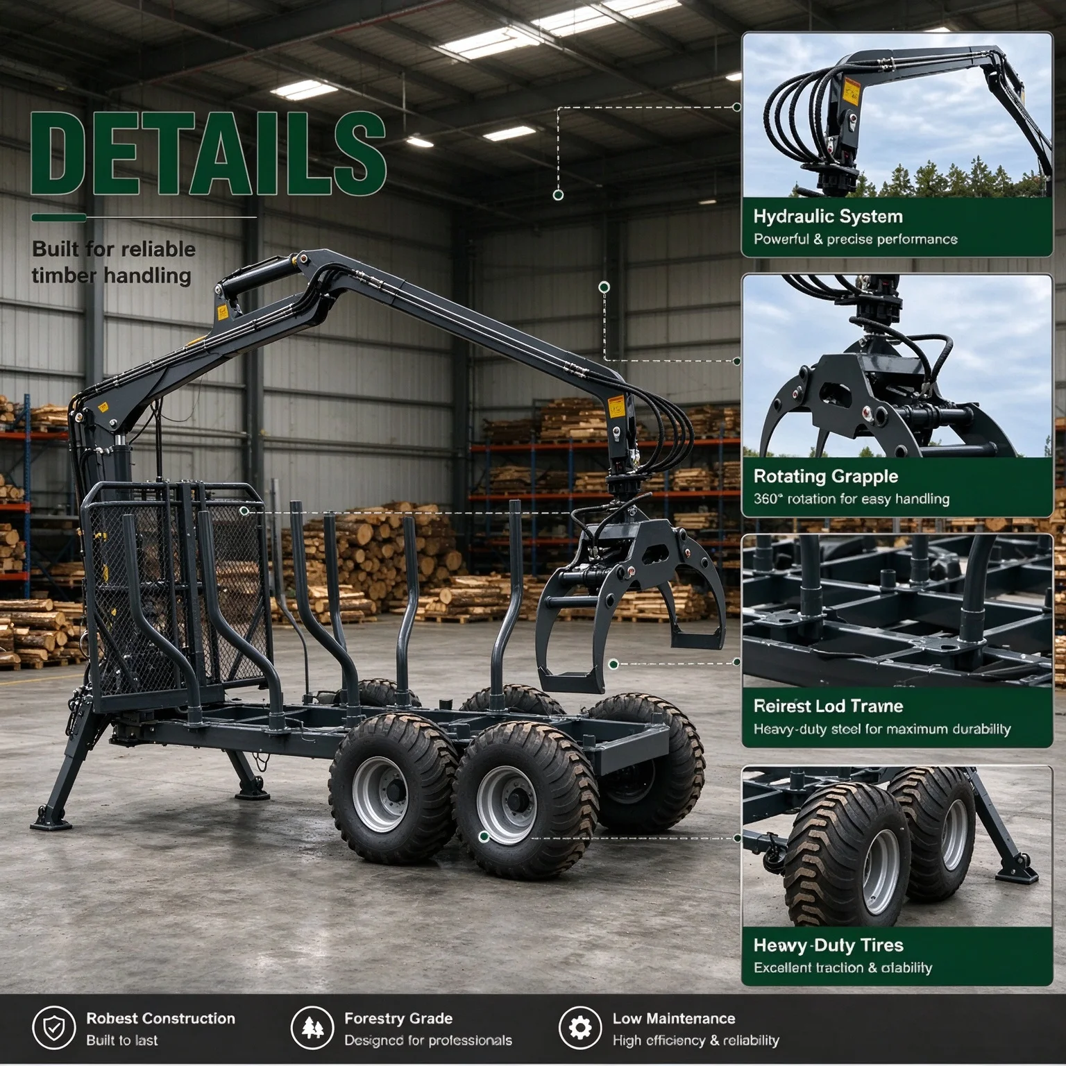Timber Trailer with Self Loading Hydraulic Crane Grapple, Heavy Duty Log Stakes for All Terrain Wood Transportation