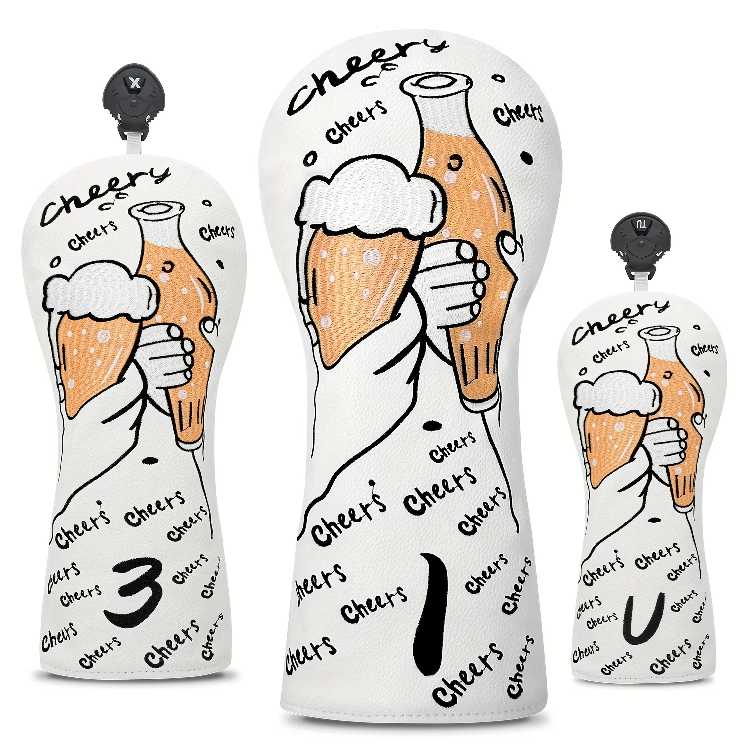 Cheers-Themed Golf Headcovers - White with Beer Mug Design, Protective Glove Covers for 1, 3, 5, and UT Wooden Golf Clubs