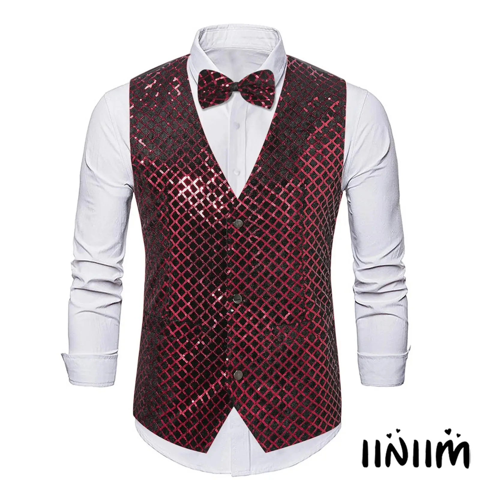 

Mens Glitter Sequin Tank Tops with Bow Tie Set Sleeveless Plaid Vest Gentleman Vest for Banquets Stage Performances Waistcoat