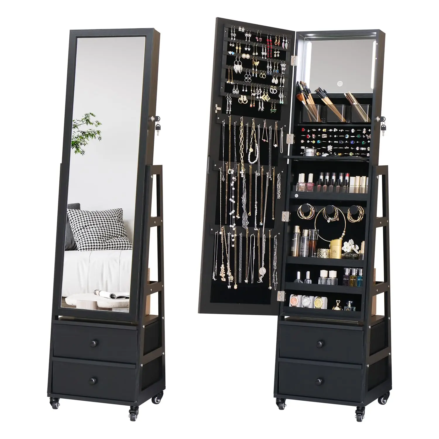 Standing Jewelry Armoire Cabinet Lockable Full Length Mirror with Drawer
