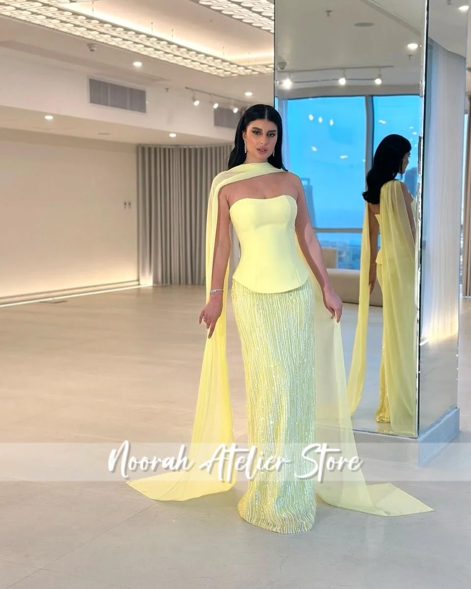 Cream Yellow Elegant Scarf Train Strapless Dubai Evening Dresses 2025 Crystal wedding dress فساتين سهرة formal Dress Customized