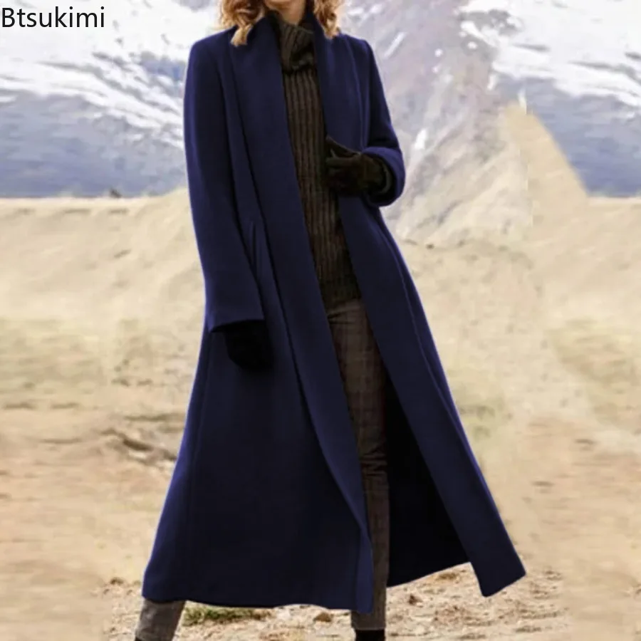 Women's Extra Long Woolen Jacket Korean Version Thickened Long Strapping Jacket Large Size Solid Color Cardigan Woolen Coat New