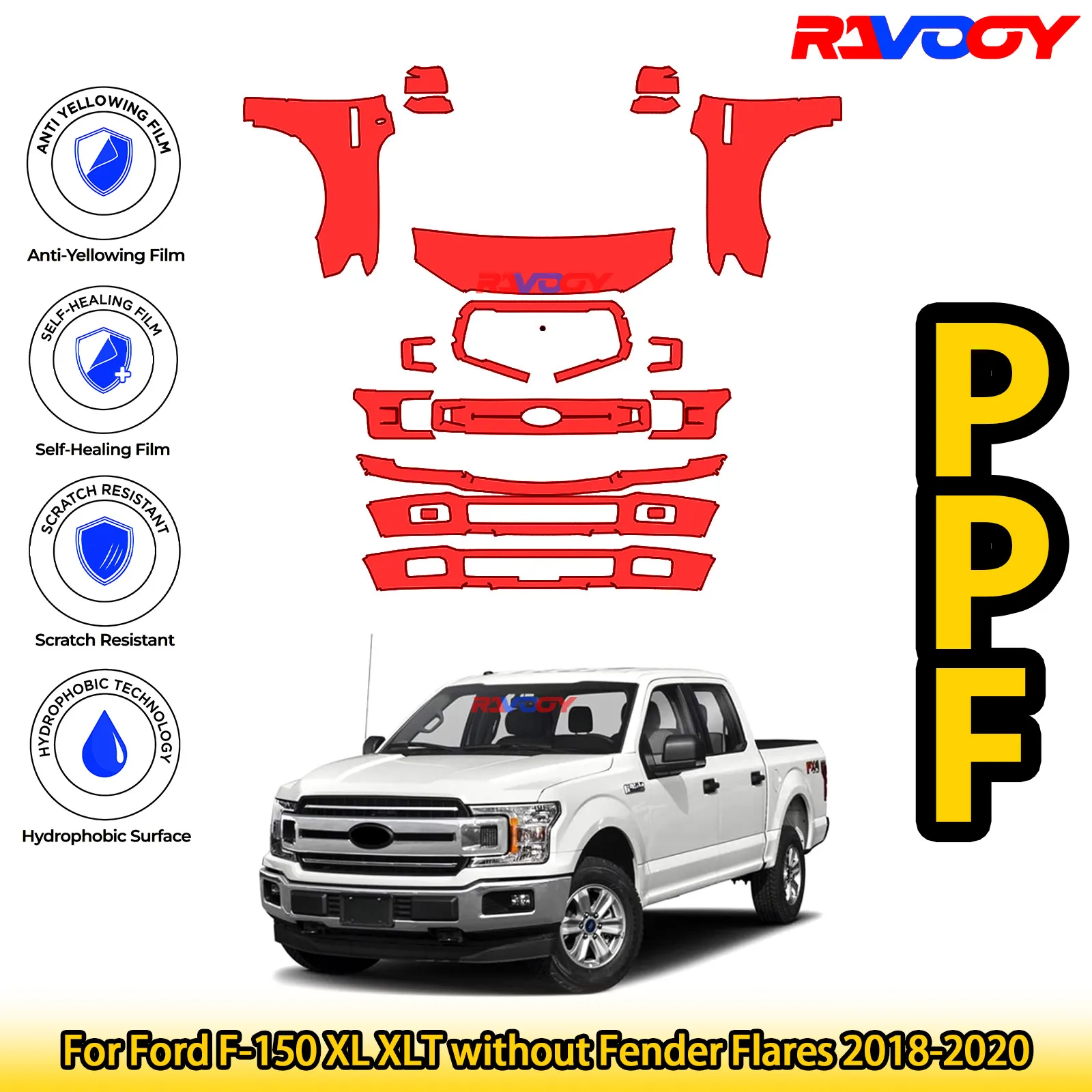 

For Ford F-150 XL XLT without Fender Flares 2018-2020 Glossy Matte Black Precut front PPF Kit Paint Protection Film