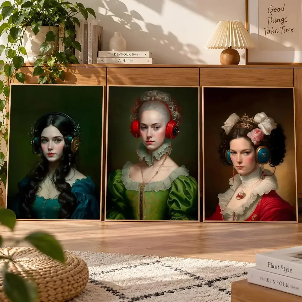 Renaissance Woman Wearing Headphones Figure Vintage Altered Poster Matte Wall Art Waterproof Room Decoration Bedroom