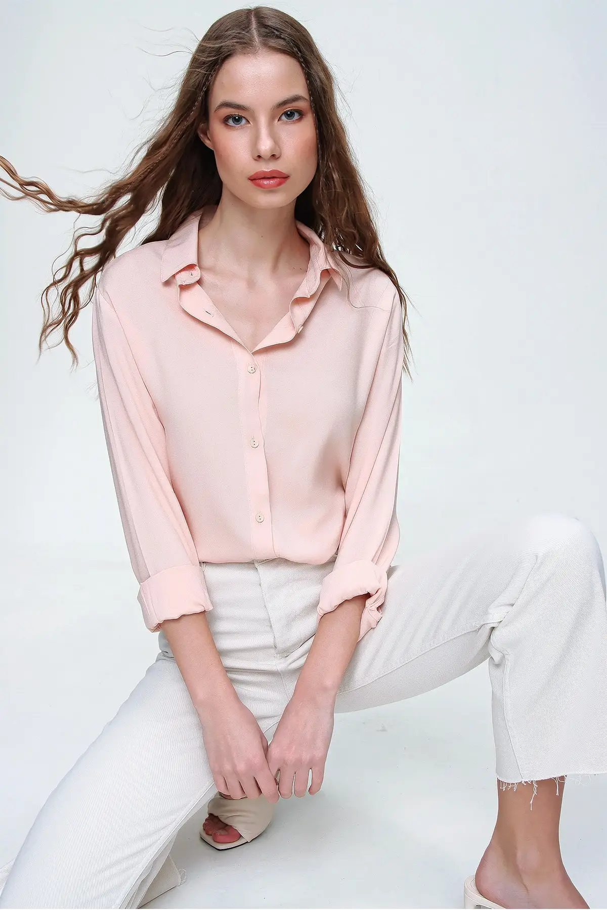 Kemeja Viscose Dasar Salmon Wanita ALC-X5442 Tren Mode Wanita Musim Baru Berkualitas Cantik