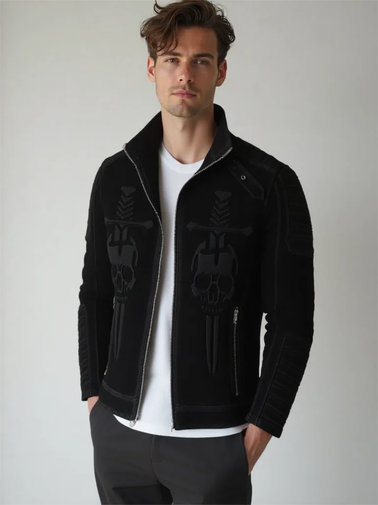 

Черная зимняя кожаная куртка мужская в винтажном стиле размера плюс 3XL из натуральной коровьей замши с воротником-стойкой и рисунком черепа пальто