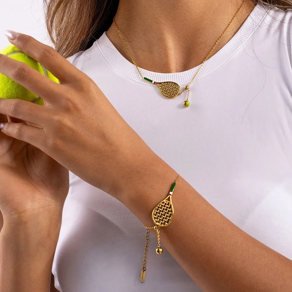 Metal Chain Tennis Racket Necklace 18K Gold Plated Stainless Steel Tennis Racket Bracelet Retro Vintage Gold Clavicle Chain