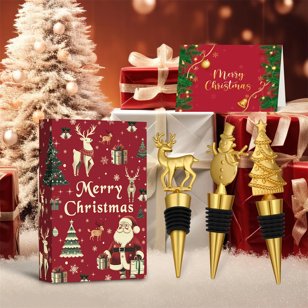 

3 шт./компл., декор для рождественской вечеринки, пробка для бутылки вина, дерево, лось, снег, человек, золотая пробка для бутылки, герметик, аксессуары для винного бара, подарок