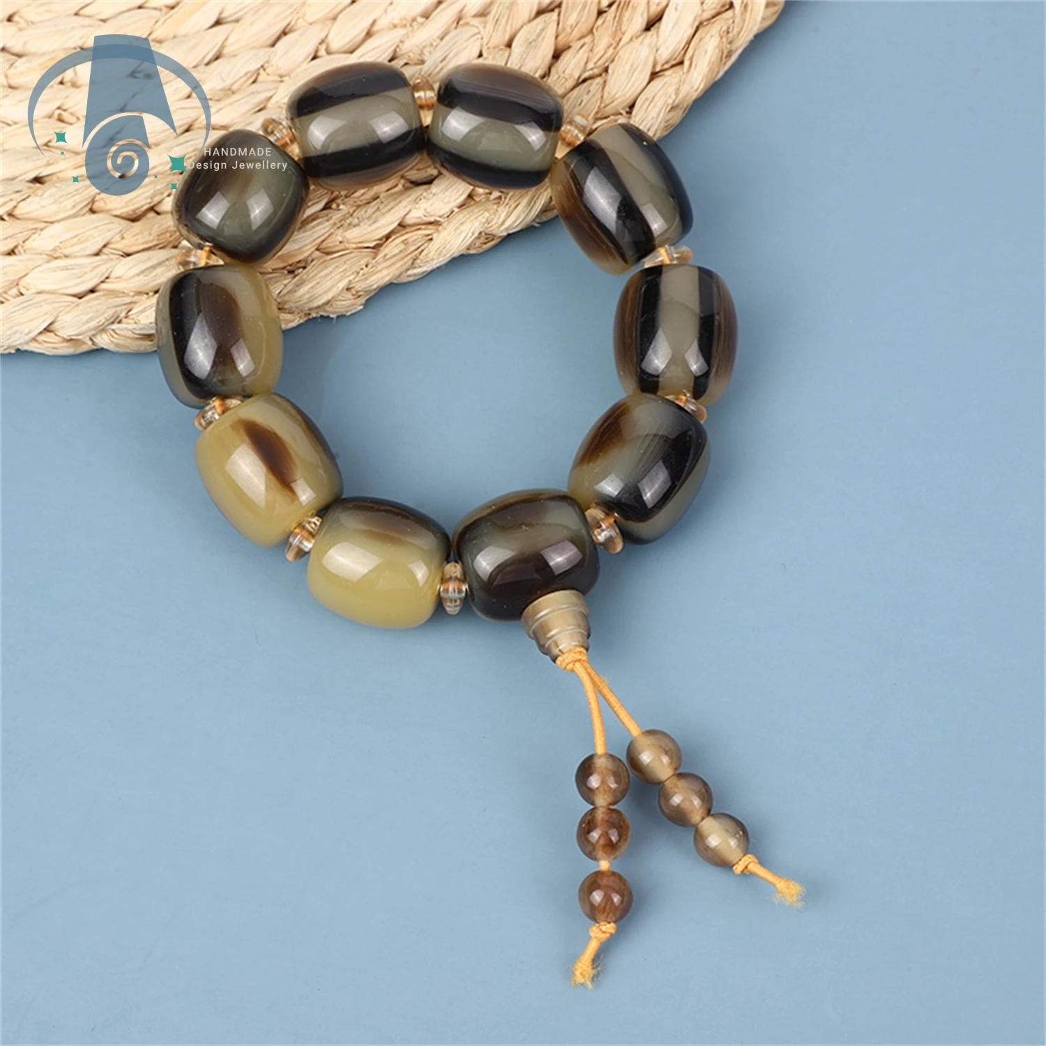Simulated Horn Barrel Bead Peace Pendant Bracelet Handmade Carved Craft Jewelry Car Accessory Gifts for Men Women High Polished