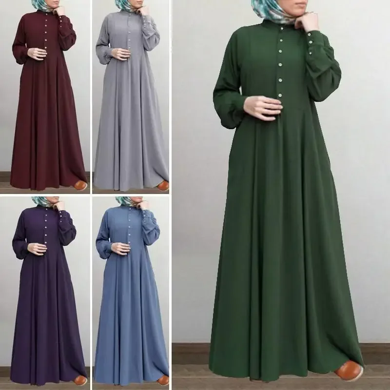 Spring Autumn Casual Retro Long Dress Muslim Women Cardigan Crew Neck Party Evening Dresses Islamic Abayas Kimono Elegant Robe