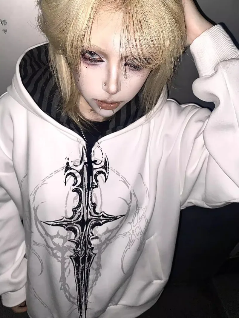 Harajuku Subculture Personality Hooded Sweatshirts Rock Punk Loose Casual Front And Back Printed Zipper Top Women's Hoodies Coat