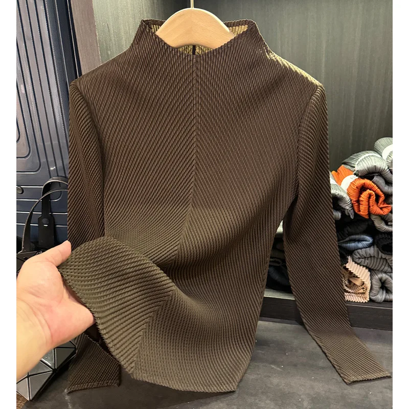 Miyake Pleated 2026 Tops High Elastic Fashion Designer Vest New Aesthetic Clothing Long Sleeve Turtleneck T-Shirt for Women