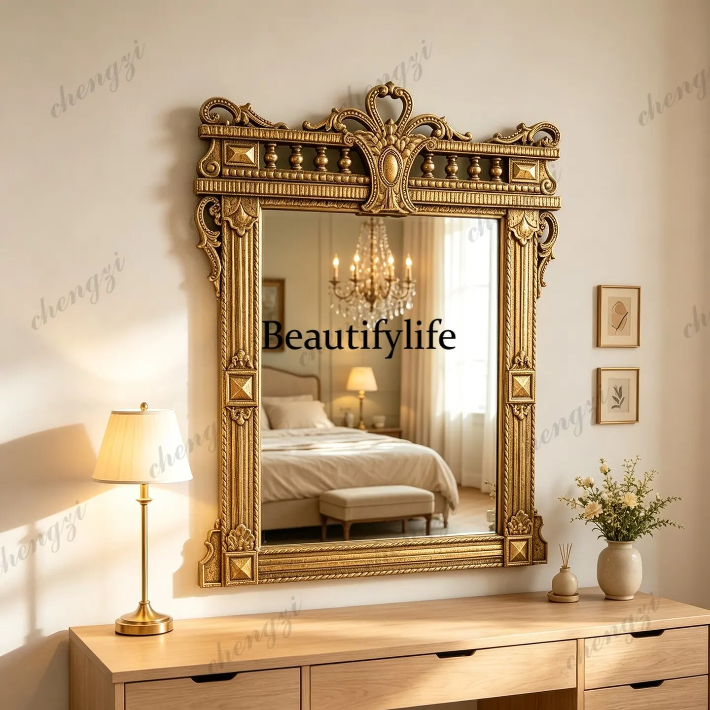 French retro wall-mounted bathroom mirror American baroque fireplace decorative mirror European light luxury