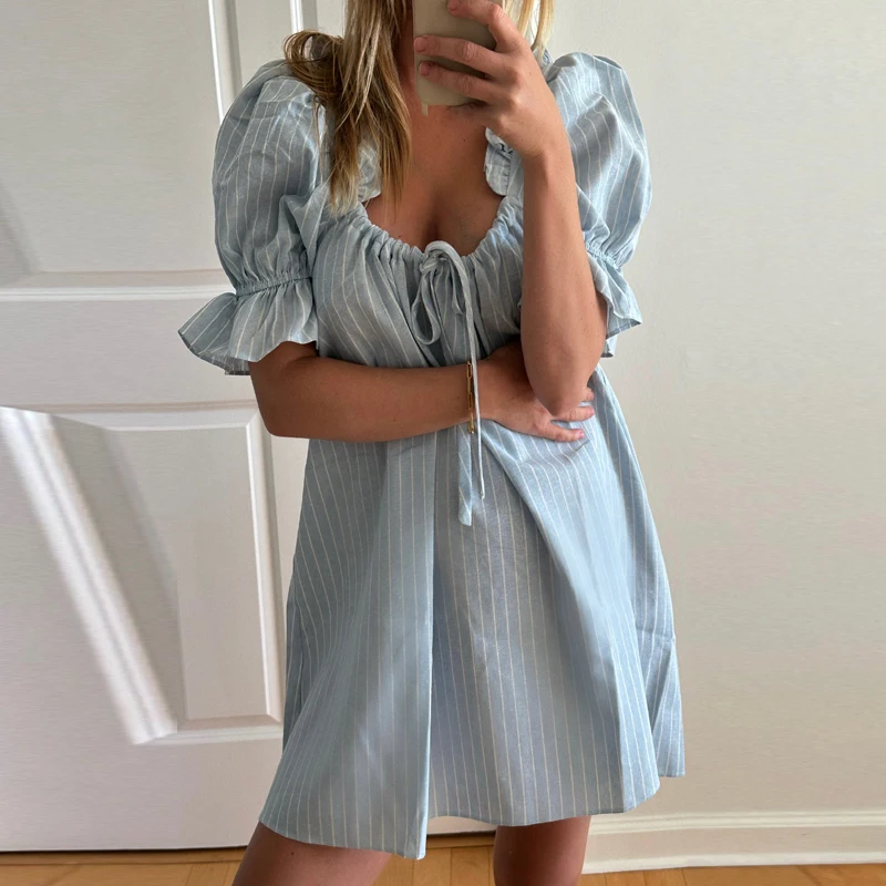 Y2K Kawaii Short Puff Sleeves Mini Dress Vintage Square Neckline Tie Up Bodydall Dress Daily Party Club Loose Fit A-line Dress