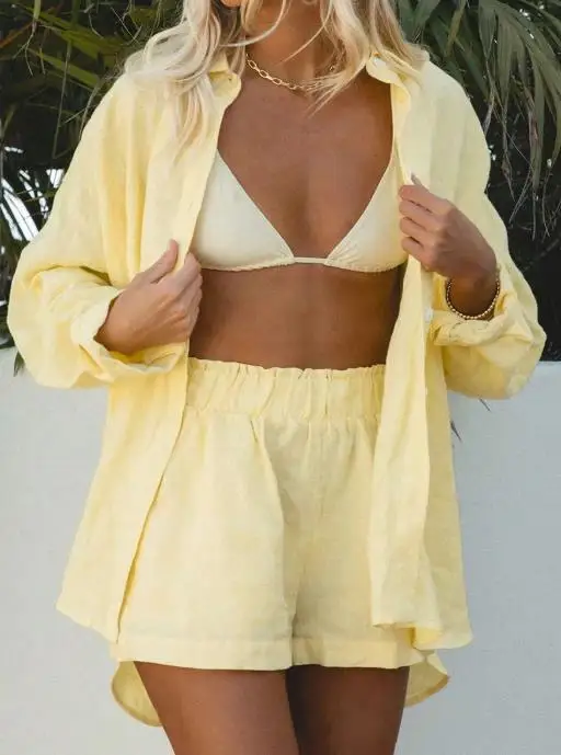 

Комплекты из 2 предметов, женская одежда, элегантный сексуальный кардиган, рубашка с длинными рукавами, шорты из трех предметов, комплект 2025, летняя женская одежда